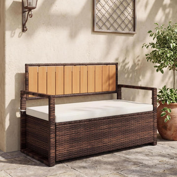 75 Gallon Outdoor Storage Bench with Cushion, 2-Seater PE Rattan Patio Storage Box with Backrest & Armrests