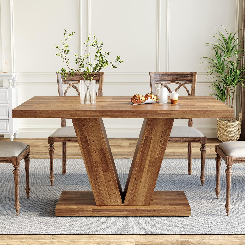 47 Inches Dining Table for 4, Modern Dining Room Tables, Brown Rectangle Kitchen Table with V-Shaped Pedestal, Wooden