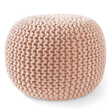 Round Pouf Ottoman, Light Pink - 20" Diameter x 14.5" High Cotton Knit Foot Stool - Boho Floor Pouffe