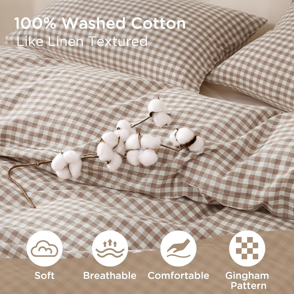 Tan Gingham Duvet Cover Bedding Set 100% Washed Cotton Like Linen Feel Super Soft Comfy 3 Piece Brown Vintage Plaid, Queen Size