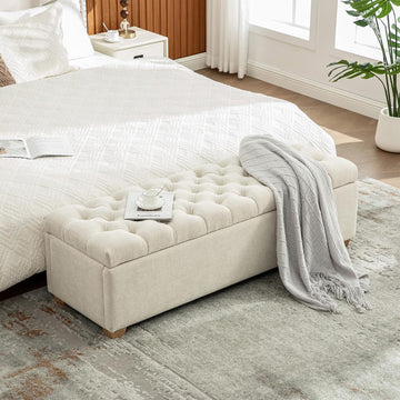 60.2" Storage Bench, End of Bed Storage Benches, Chenille Fabric Upholstered Ottoman Bench with Safety Hinge Entryway
