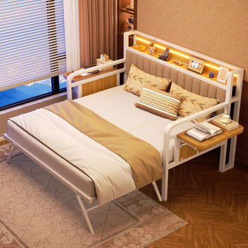Daybed with Trundle and LED Light, Heavy Duty Metal Twin Bed Frame with Upholstered Storage Headboard & Charging