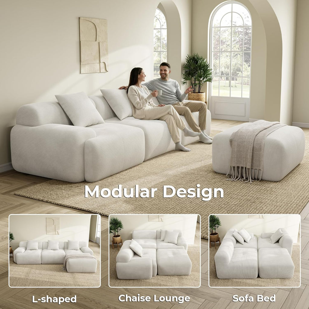 118" Modular Sectional Sofa with Ottoman, L-Shaped Boneless Couch with Deep Seat for Living Room