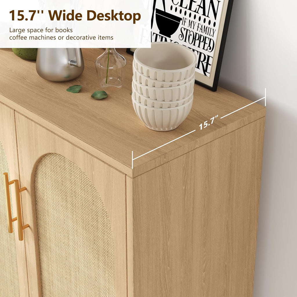 15.7" D Rattan Storage Cabinet with 2 Doors & Adjustable Shelf | Accent Buffet Sideboard Cabinet with Solid Wood
