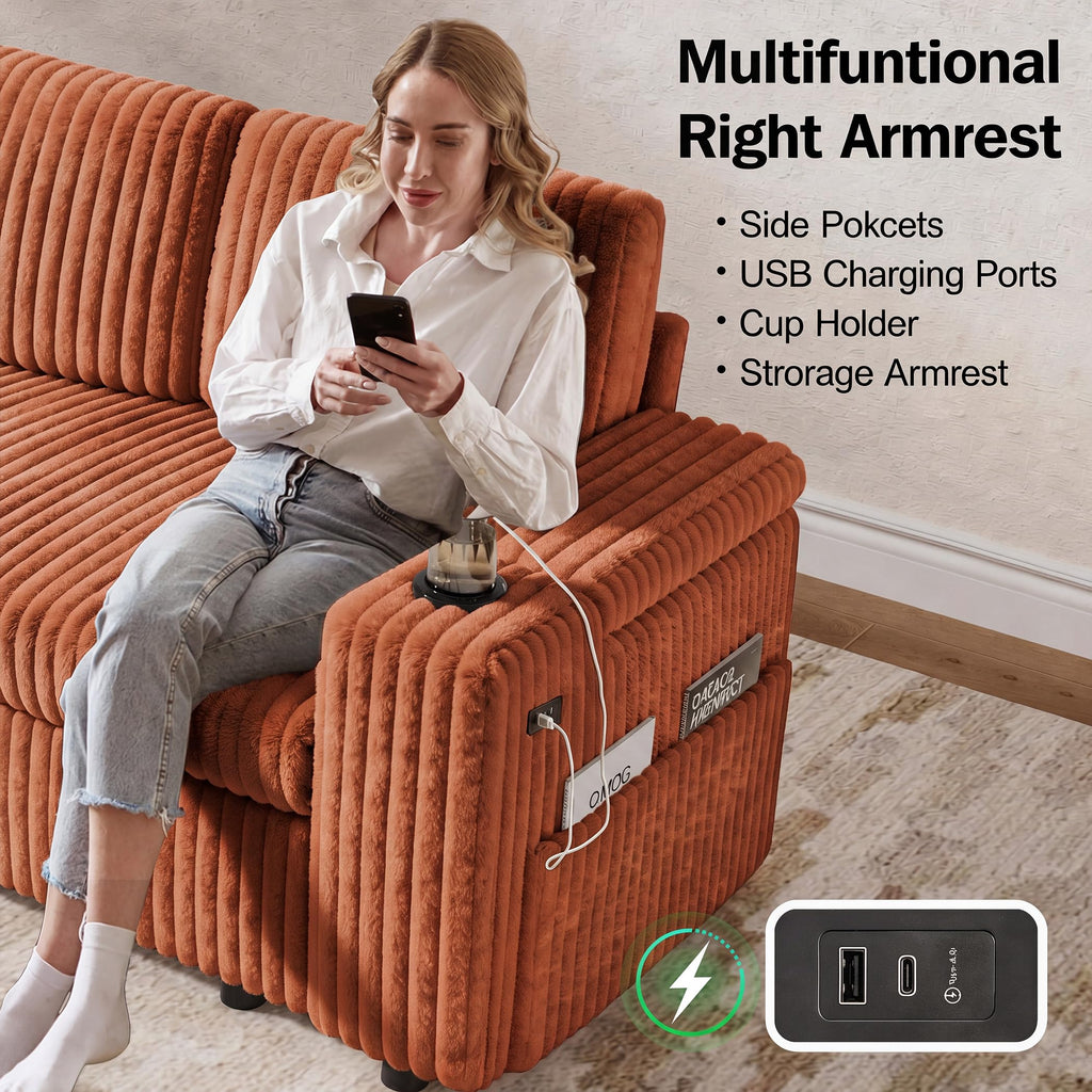 108" Modular Sectional Sleeper Sofa with Pull Out Bed, 4 Seat Plush Corduroy U Shaped Couch with USB Ports|Cup