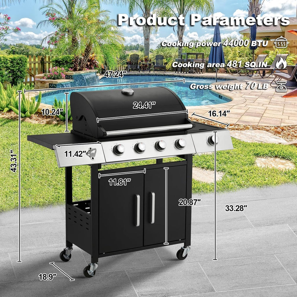 4-Burner Propane Gas Grill, 44,000 BTU BBQ Grill with Side Burner and Cast Iron Grates, Stainless Steel Outdoor Grill for Patio and Camping