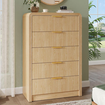 Fluted 5 Drawers Dresser, 48" Tall Modern Chest of Drawers with Round Edge & Metal Handle, Wood Drawer Organizer