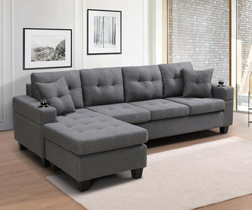 Sectional Sofa Couch, Modern 4-Seaters Living Room Furniture Sets with Reversible Chaise Lounge & 2 Pillows |
