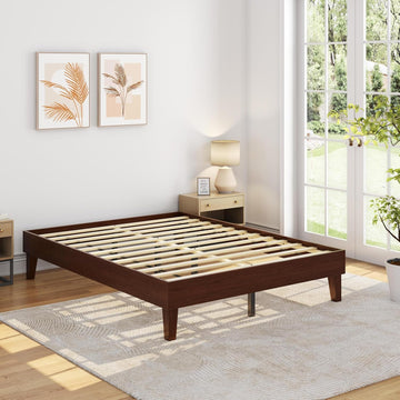 Queen Bed Frame Natural Solid Wood Platform Bed with Wooden Slats Support, 7.3-inch Underbed Space for Storage