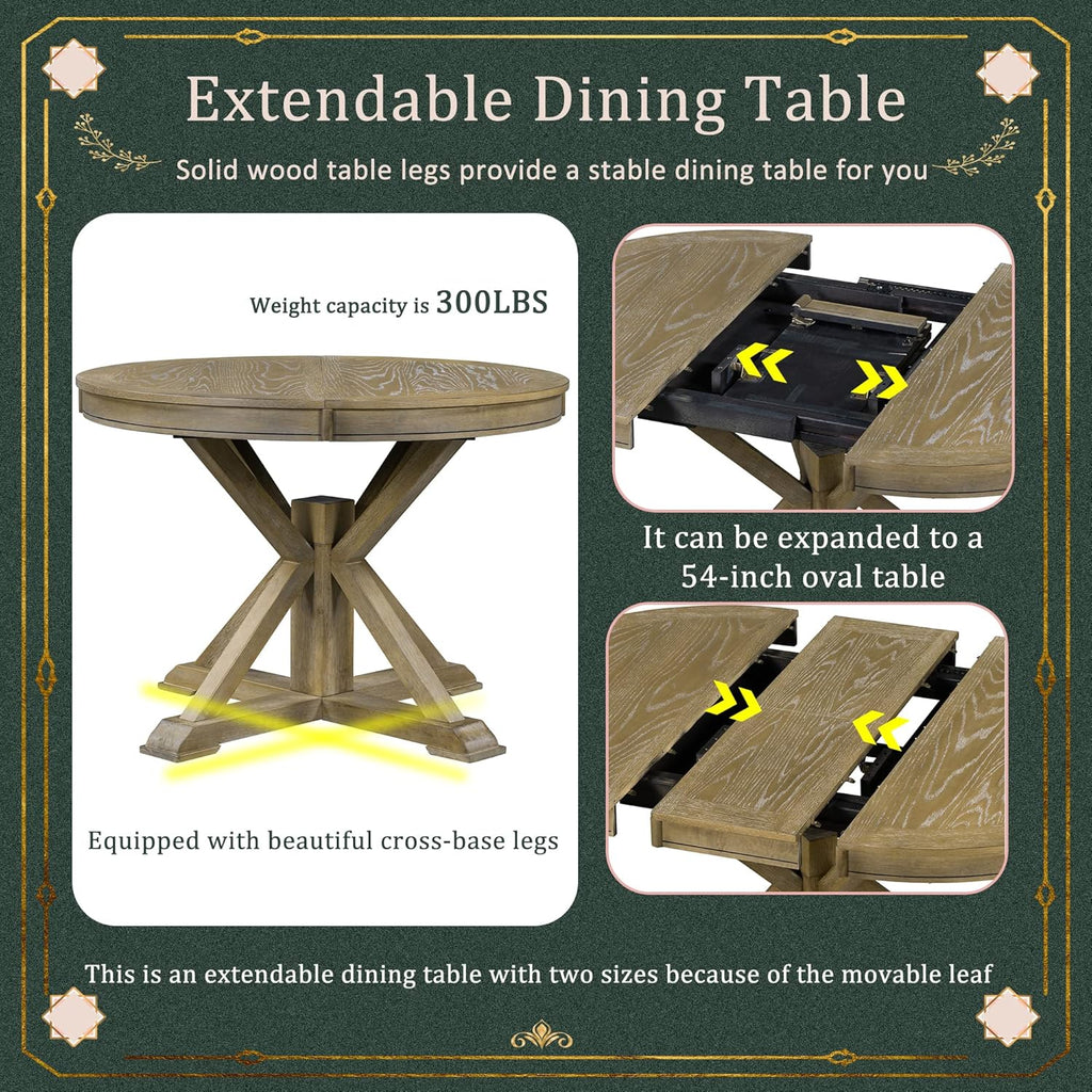 54" Round Extendable Dining Table for 4-6, Mid Century Modern Wood Table for Kitchen, Restaurant, Cafe, Natural