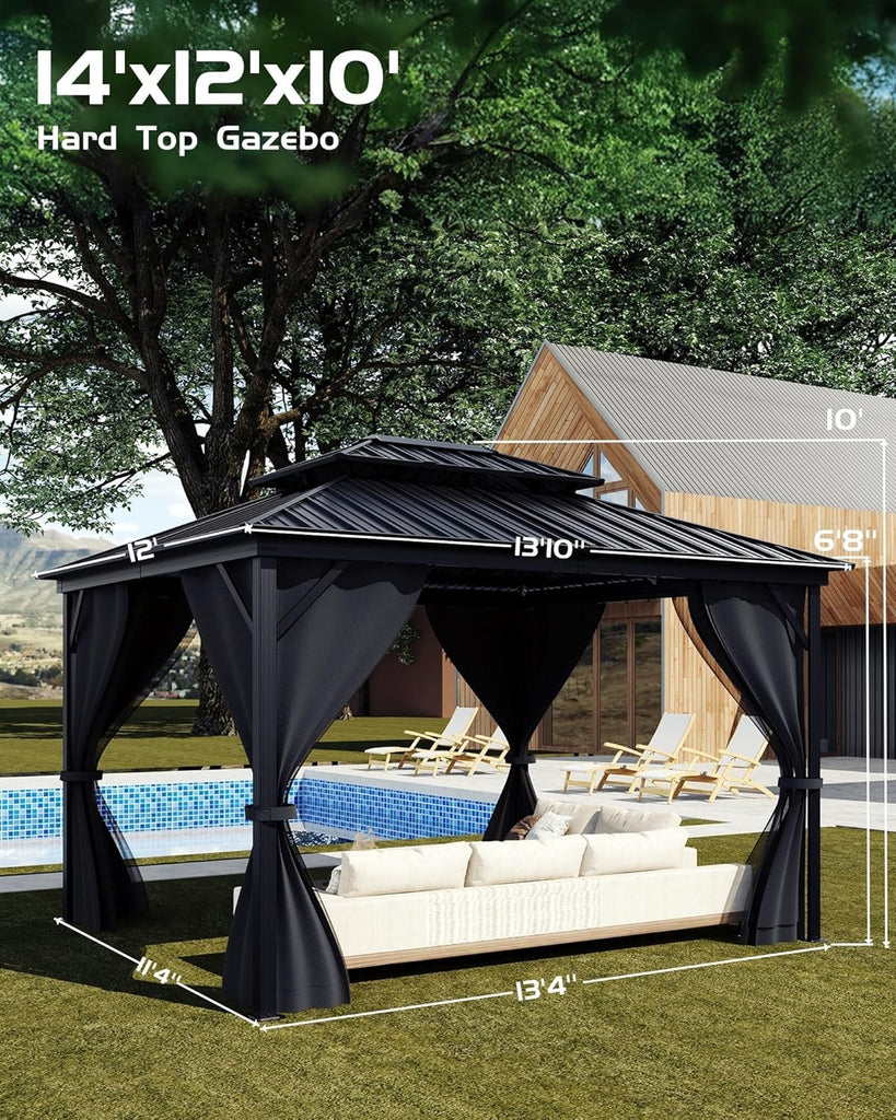 Hardtop Gazebo 12'x14' for All Weather, with Double Metal Roof, Aluminum Alloy Frame, Net, and Curtain