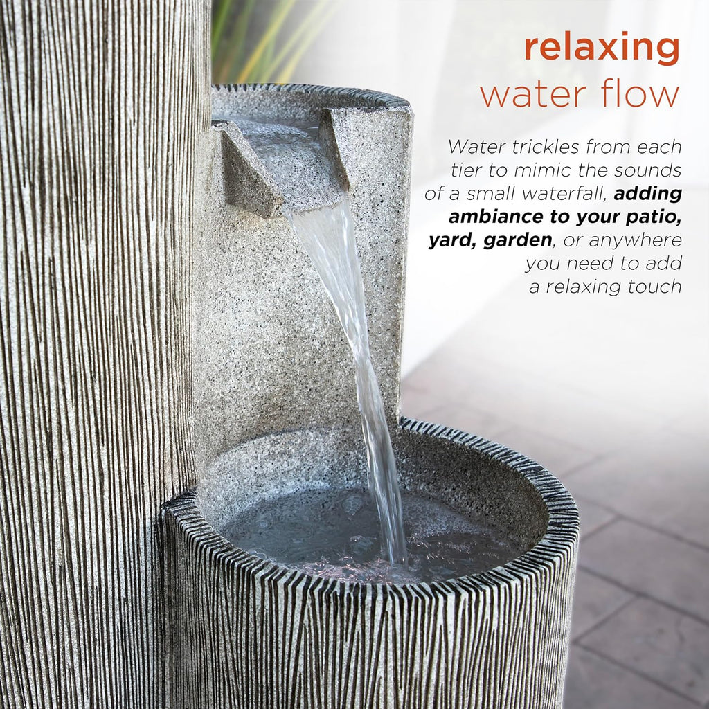 41” Outdoor 3-Tiered Weathered Stone Water Fountain with Natural Stone Look - Garden Water Feature Decoration, Gray