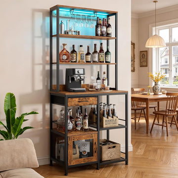 67.7" Tall Bar Cabinet with Power Outlets | Coffee Bar Cabinet, Glass Holder, Liquor Cabinets with LED Lights, Mini