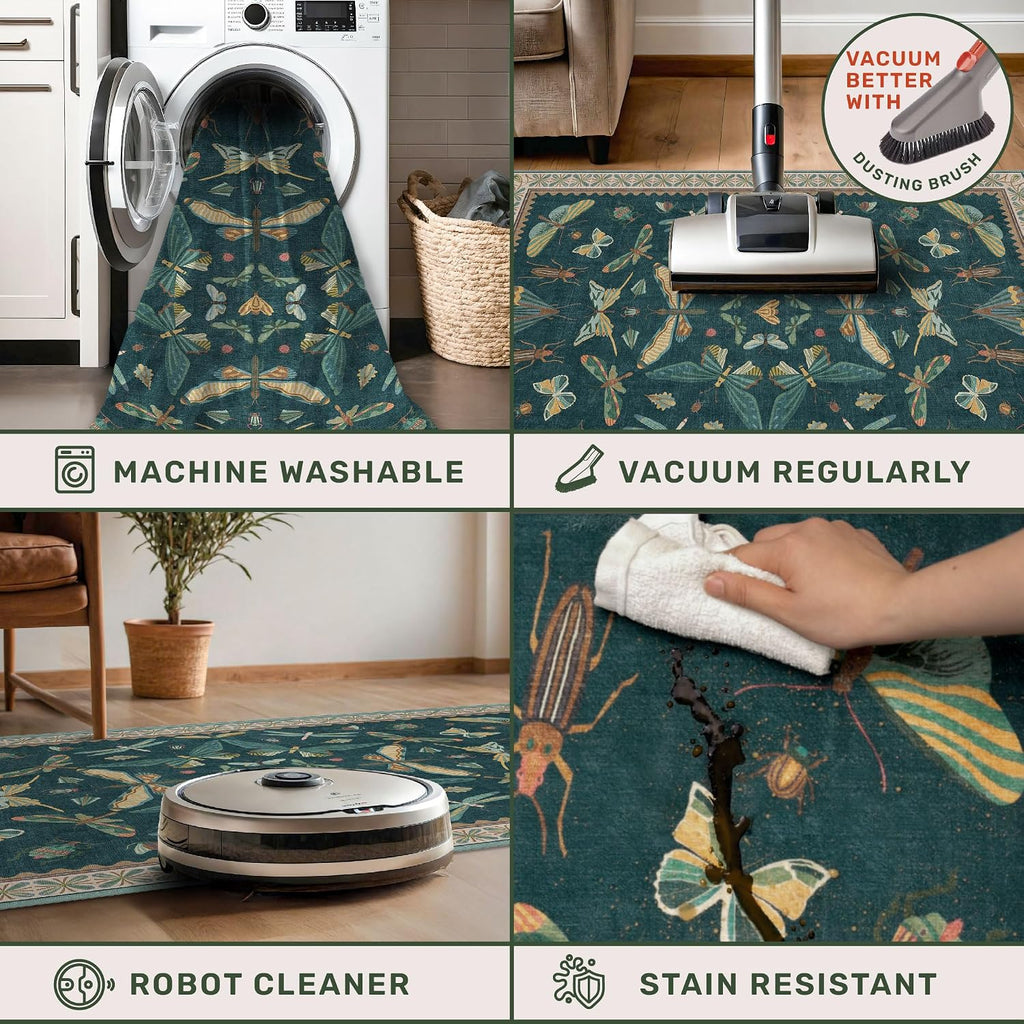 Teal 3x5 Entryway Rug - Door Rug Indoor for Large Kitchen, Living Room, Washable Low Pile Insect Décor
