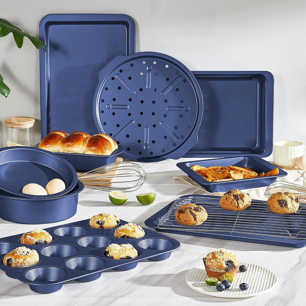Bakeware Sets, Pans Set, Nonstick Oven Pan with Wider Grips, 10-Piece Including Rack, Cookie Sheet, Cake Pans, Loaf