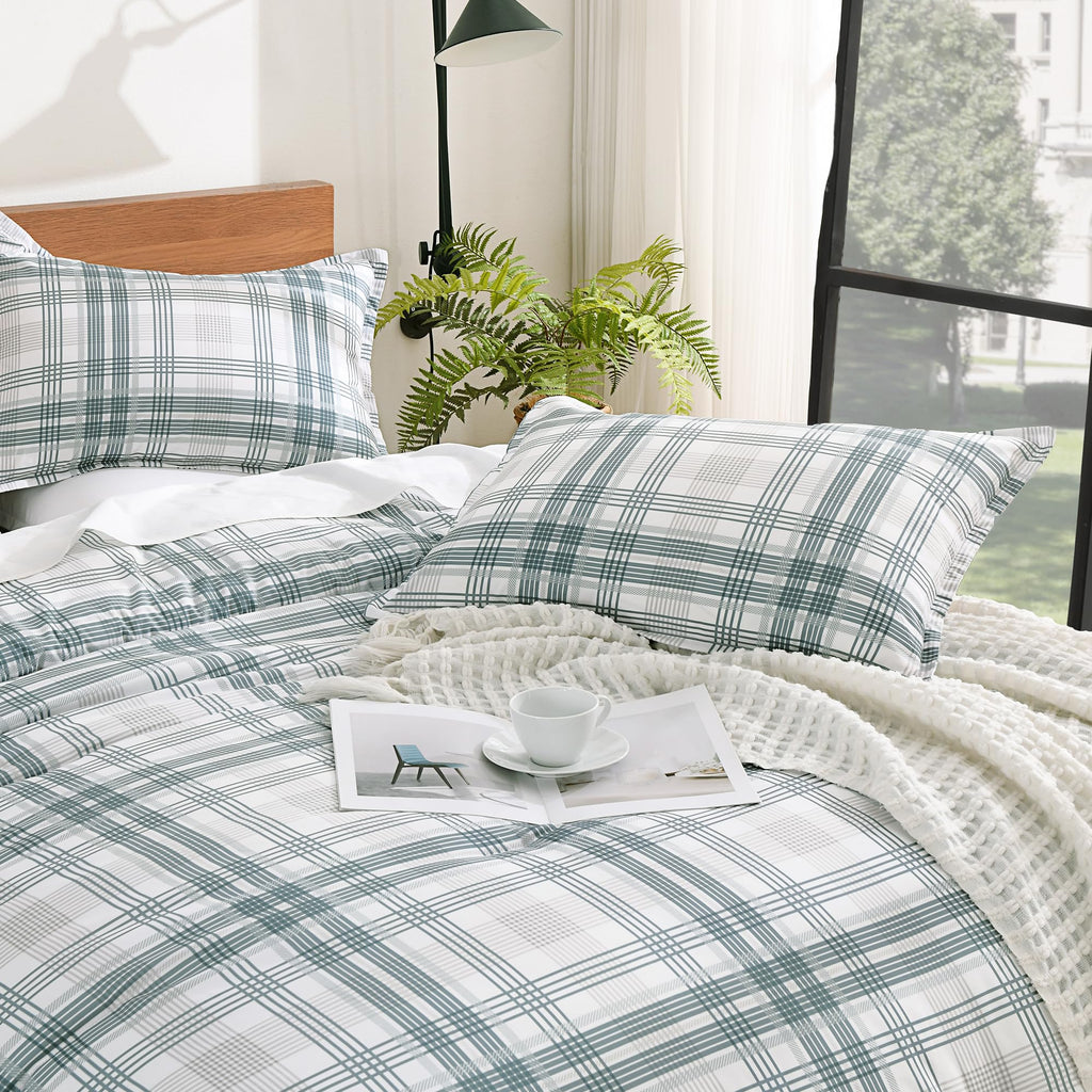 Blue Plaid Comforter Set, Gingham Checkered Grid Bedding Set