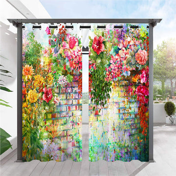 Outdoor Curtains Waterproof Grommet Top Light Filtering Drapes Abstract Watercolor Painting Flower Print Pattern