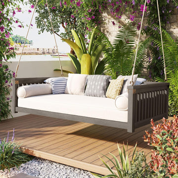 Porch Daybed Swing Outdoor Wooden Swing Bench, Patio Hanging Swing Chair Swinging Bed for Garden, Backyard, Deck, Grey