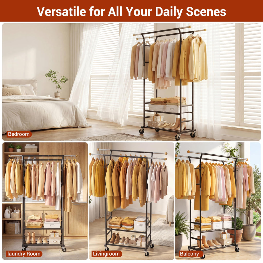 Clothes Rack with 3-Level Height Adjustment - Double Rod Extendable Hanging Rails with Wooden Finials, Luxury 2-Tier