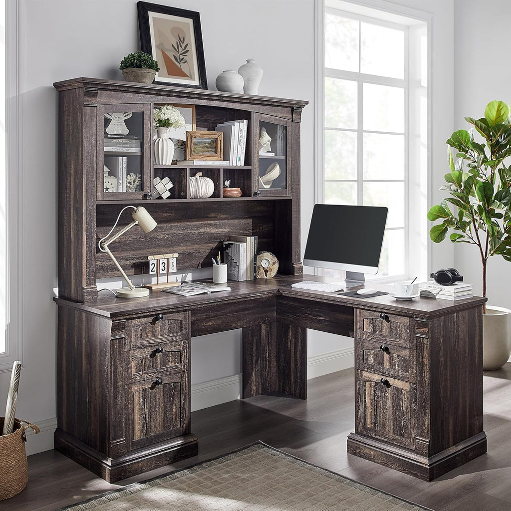 60" L Shaped Executive Desk with Hutch and Drawers, Farmhouse Home Office Desk with Charging Station