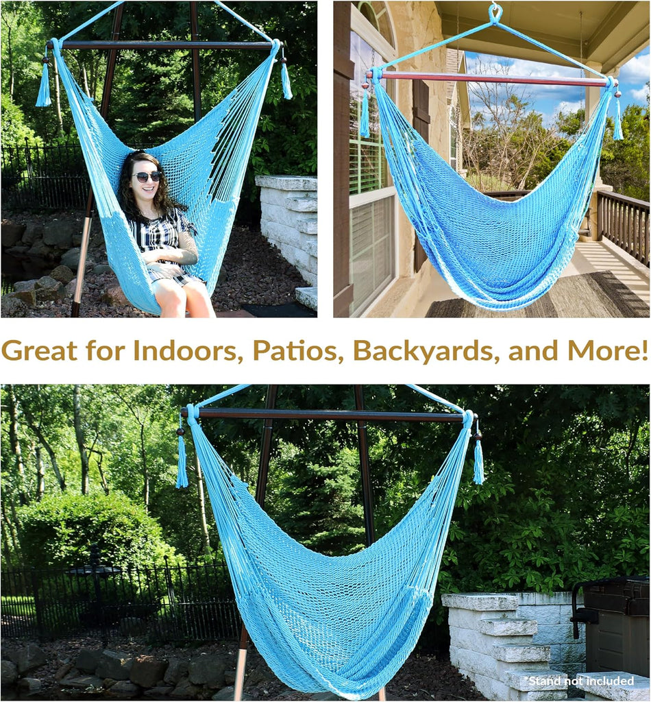 Hanging Hammock Chair Swing , Caribbean, Sky Blue | 300 lb Capacity, Wooden Spreader Bar, Woven Polyester, Hang From
