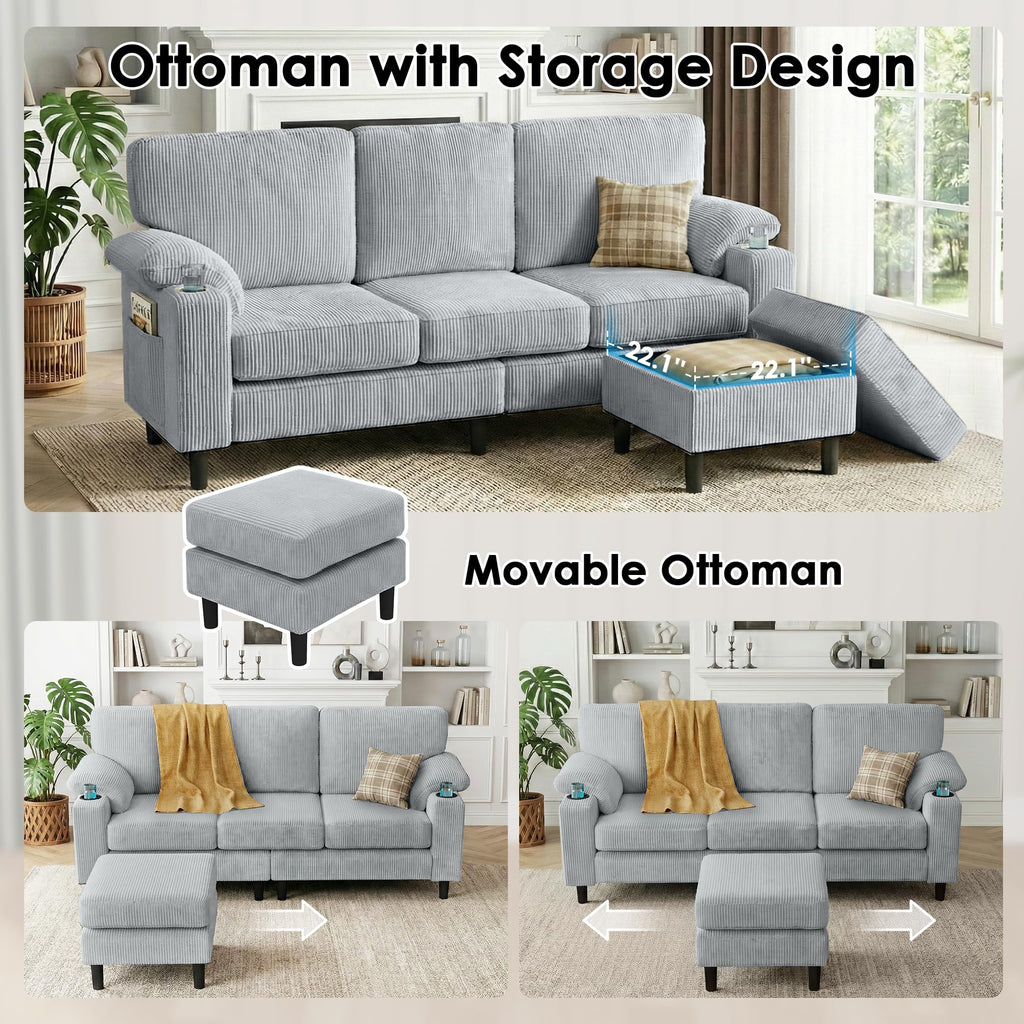 80" L-Shaped Sectional Sofa with Movable Storage Ottoman, LightGray