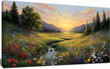 Large Green Landscape Canvas Wall Art Sunset Mountain Wildflowers Canvas Prints Nature Scenery Artwork Office Home