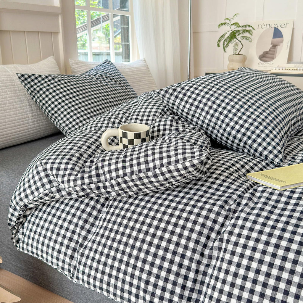 Black Gingham Comforter Full Size Boho Plaid Checkered Pattern Comforter Geometric Grid Plaid Printed Bedding