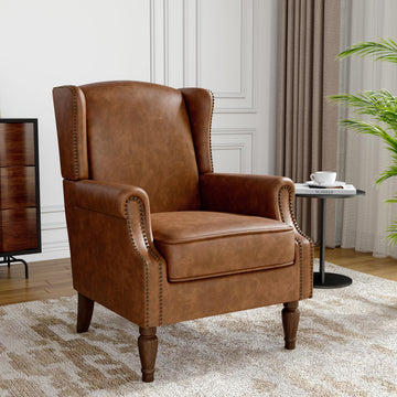 Faux Leather Wingback Accent Chair, High Back Armchair, Brown