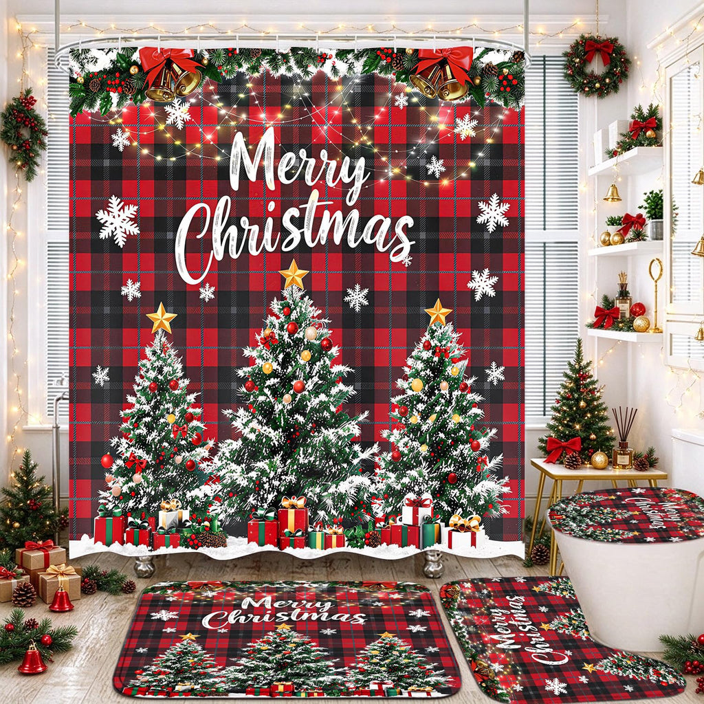 4Pcs Christmas Set Red Buffalo Plaid Bathroom Set
