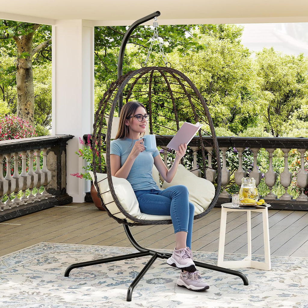 Egg Chair with Stand, Patio Wicker Bifanuo Hanging Chair, Hammock Swing Chair, 350LBS Capacity , Balcony