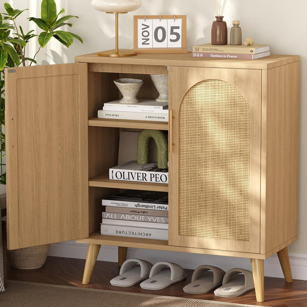 15.7" D Rattan Storage Cabinet with 2 Doors & Adjustable Shelf | Accent Buffet Sideboard Cabinet with Solid Wood