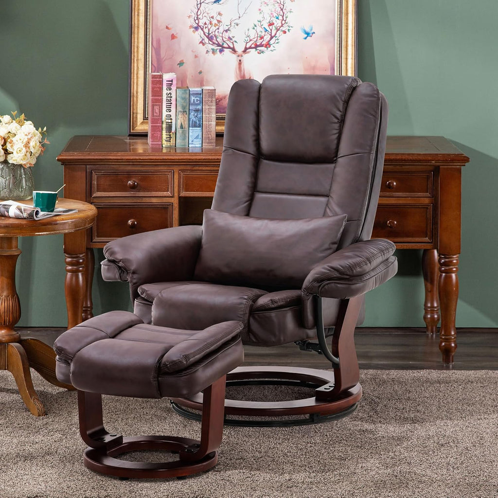 Modern Reclining Swivel Lounge Chair and Ottoman — Brown Faux Leather