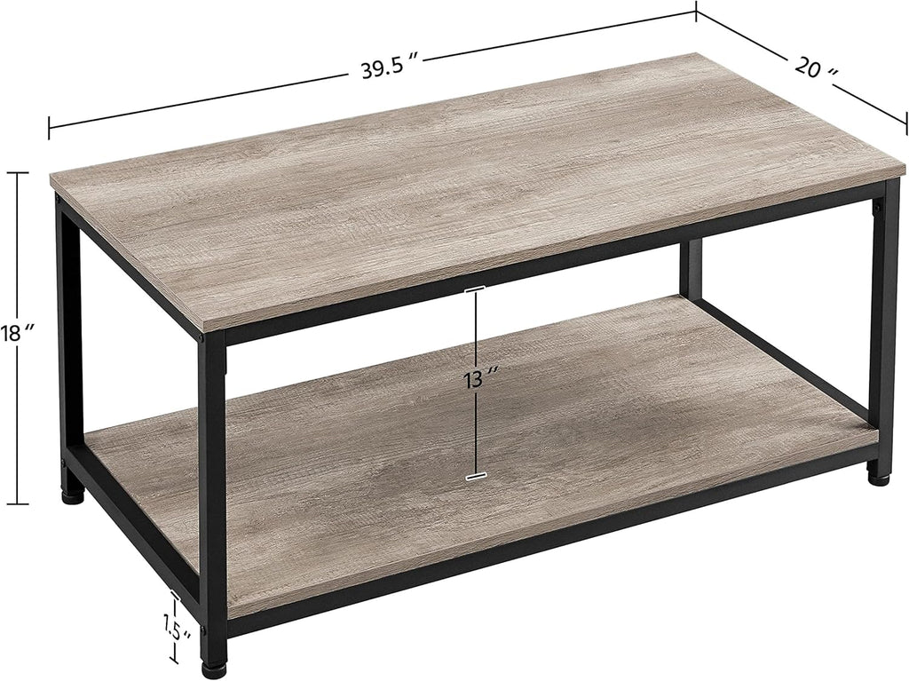39.5" 2-Tier Coffee Table with Storage Shelve, Industrial Gray Coffee Table, Easy Assembly