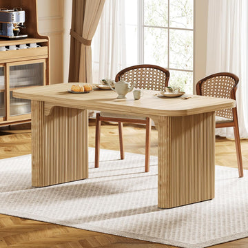 Modern Dining Table for 6 People, 62-Inch Natural Wood Kitchen Table with Double Robust Pedestal, Long Rectangle