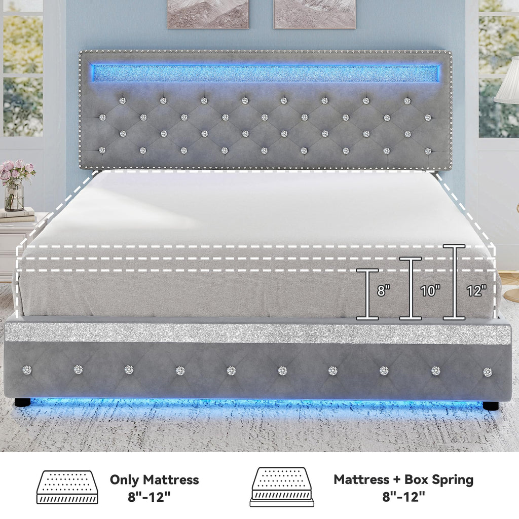 Queen LED Bed Frame with Adjustable Headboard & Drawers, Grey Velvet