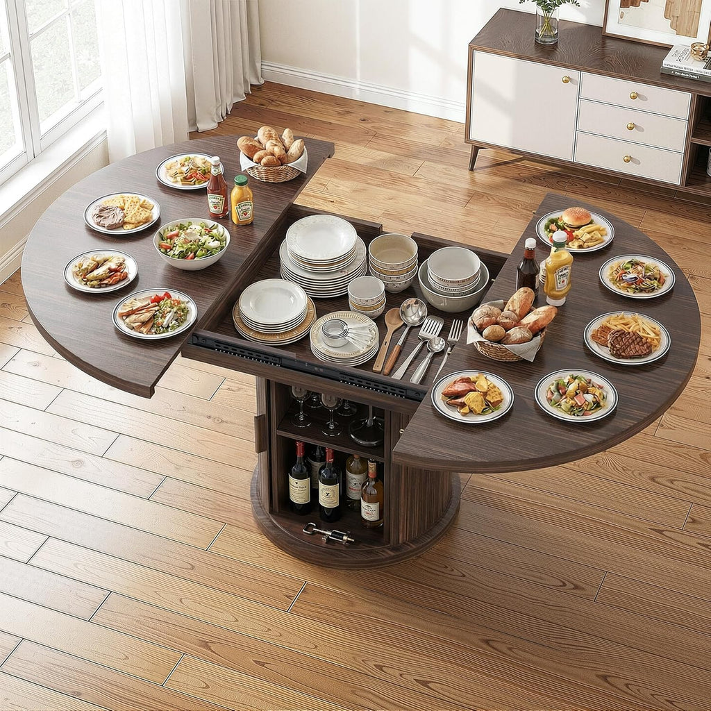 47.2" - 63" Extendable Dining Room Table for 4 - 8, Round‑to‑Oval Expandable Wood Table with Dust‑Proof 2‑Tier