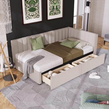 Twin Size Daybed, Upholstered Twin Daybed with 2 Storage Drawers, Linen Fabric Twin Size Sofa Bed Frame, No Box