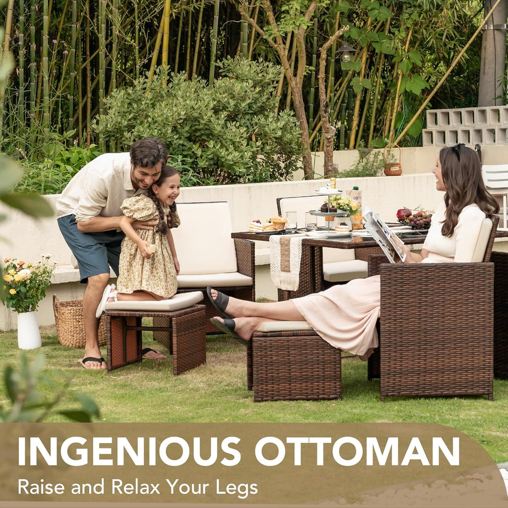 9 Pieces Patio Dining Sets Outdoor Space Saving Rattan Chairs with Glass Table Patio Furniture Sets Cushioned Seating