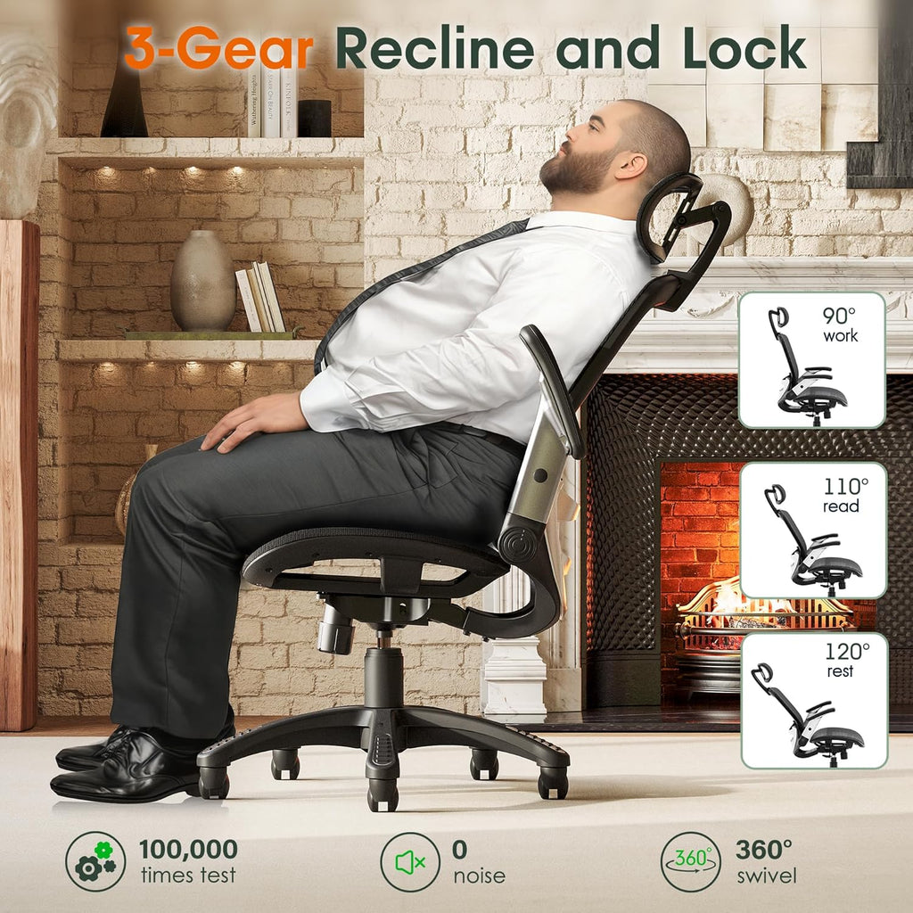Ergonomic, High Back Home Desk Chair with Headrest, Flip-Up Arms, 90-120° Tilt Lock and Wide Cushion, Big and Tall