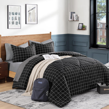 Black Grid Comforter Set, 2 Pieces Gingham Bedding Set