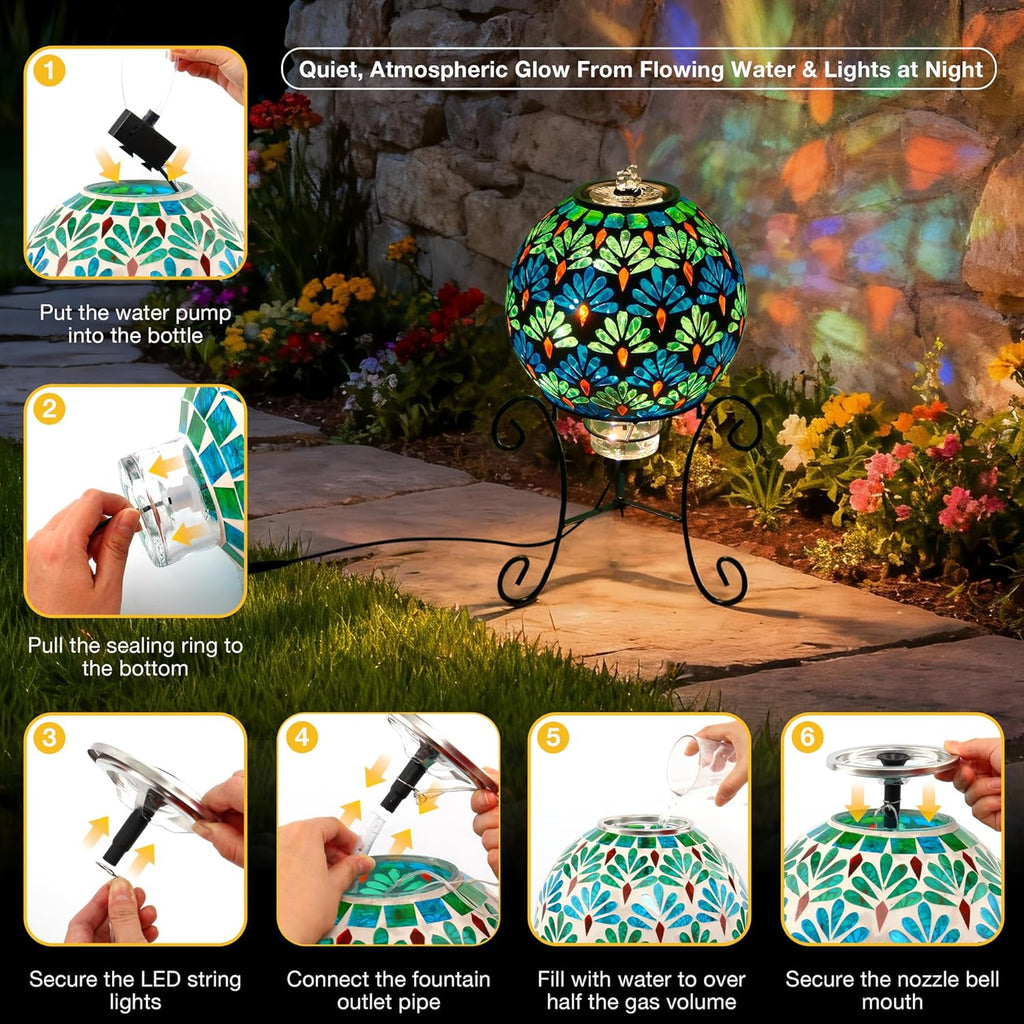 Mosaic Glass Fountain, Floor-Standing Lighted Water Feature with Quiet Pump, Indoor/Outdoor Decorative Accent Lighting