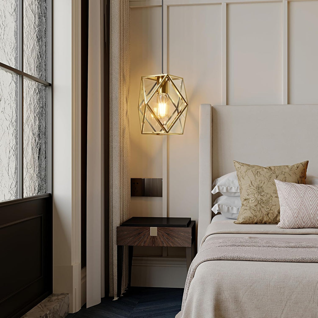 1-Light Modern Geometric Glass Pendant Light, Caged Hanging Light, Gold | Open Bottom Design, Stable Metal Frame