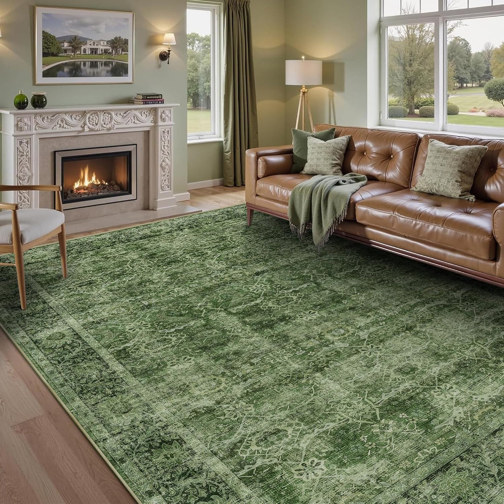 8x10 Washable Green Area Rug Vintage Rug Bedroom