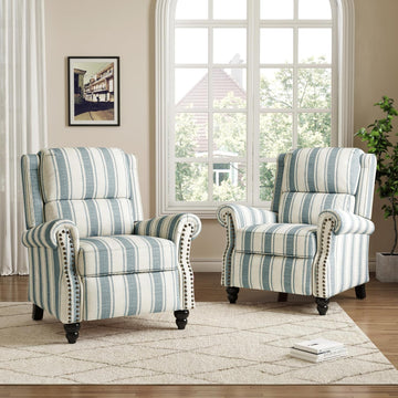 Wingback Pushback Recliner Chairs Set of 2, Blue Stripe | Comfy Fabric Armchair with Adjustable Back & Footrest