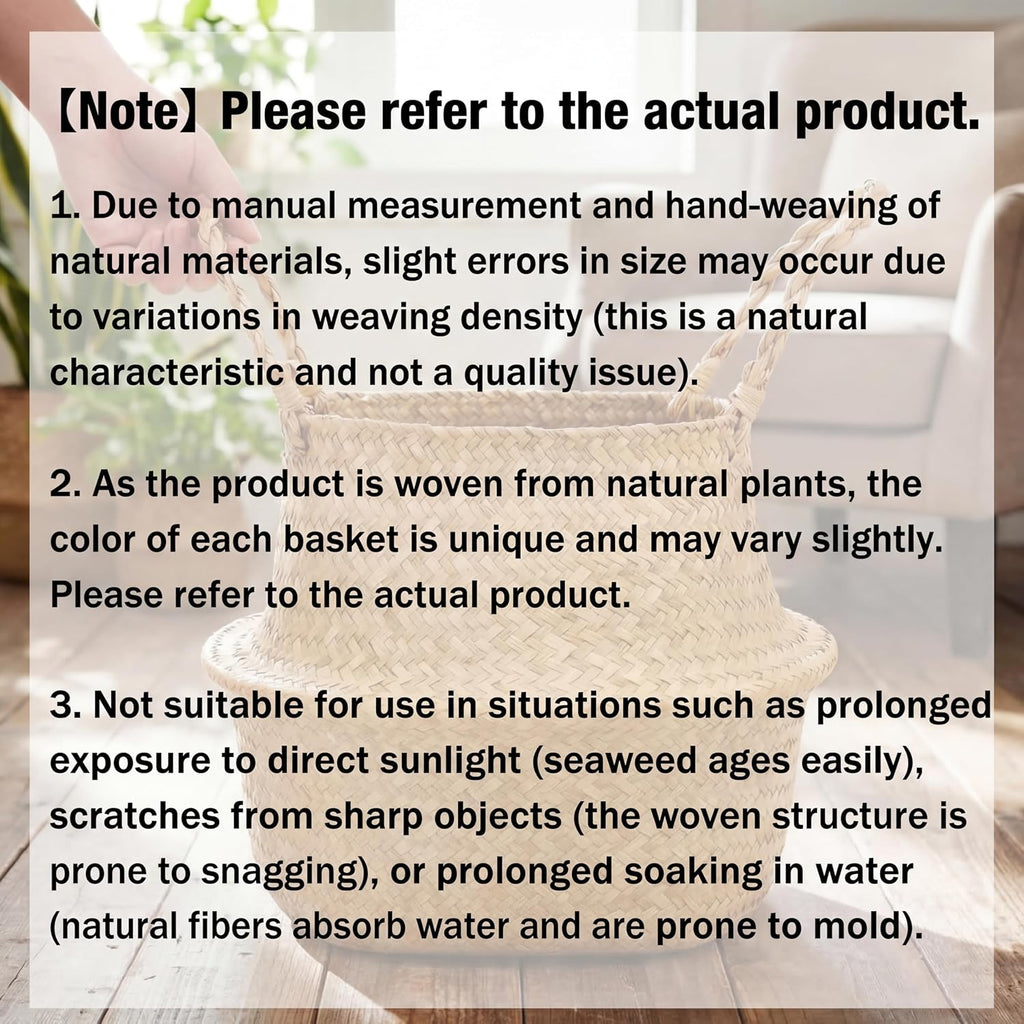 4 Pcs Woven Seagrass Baskets Belly Basket Folding Boho Natural Plant Pot with Handles Round Decorative Wicker Large