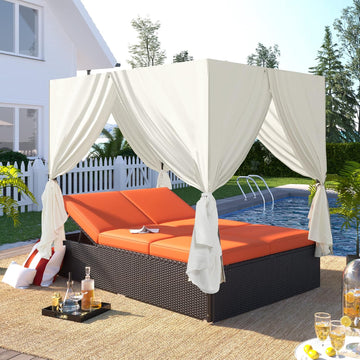 Patio Chaise Lounge, PE Rattan Outdoor Patio Wicker Sunbed Daybed with Adjustable Seats, Four-sided Canopy, Overhead