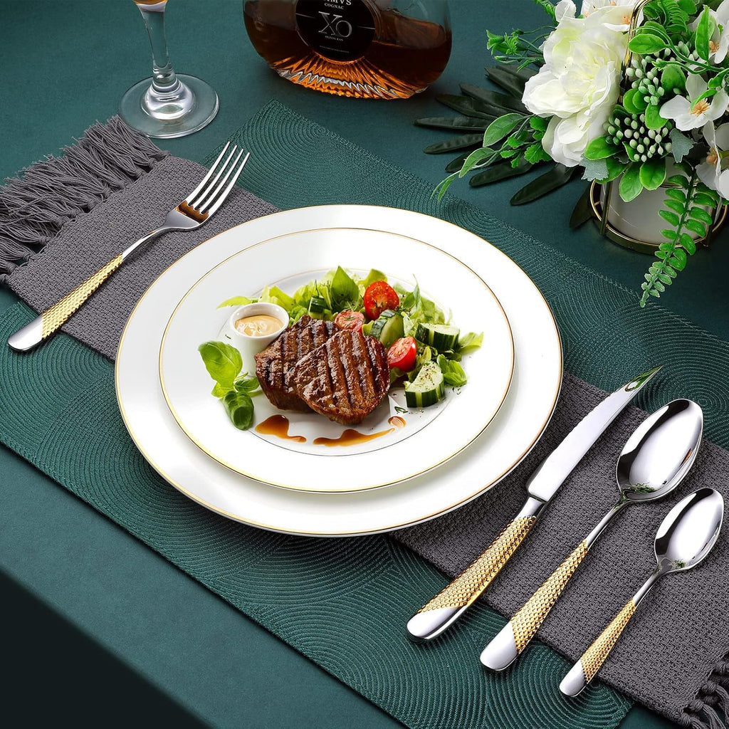Hammered Silver Gold Silverware Set, 24-Piece 18/10 Stainless Steel Flatware Set, Service of 6