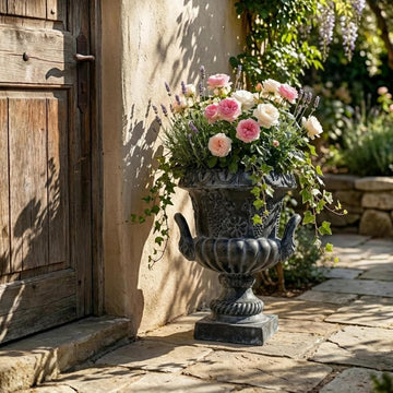 24.41" H Classical Grape Relief Urn Planter,MGO Pedestal Flower Pot with Elephant-Head Handles, Lightweight