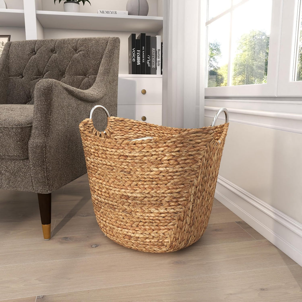 79 Seagrass Handmade Decorative and Functional Storage Basket Large Woven Basket Organizer with Ring Metal Handles